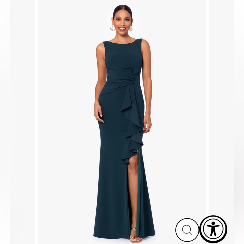 "CHRISTINE" SCUBA CREPE RUFFLED BOW GOWN